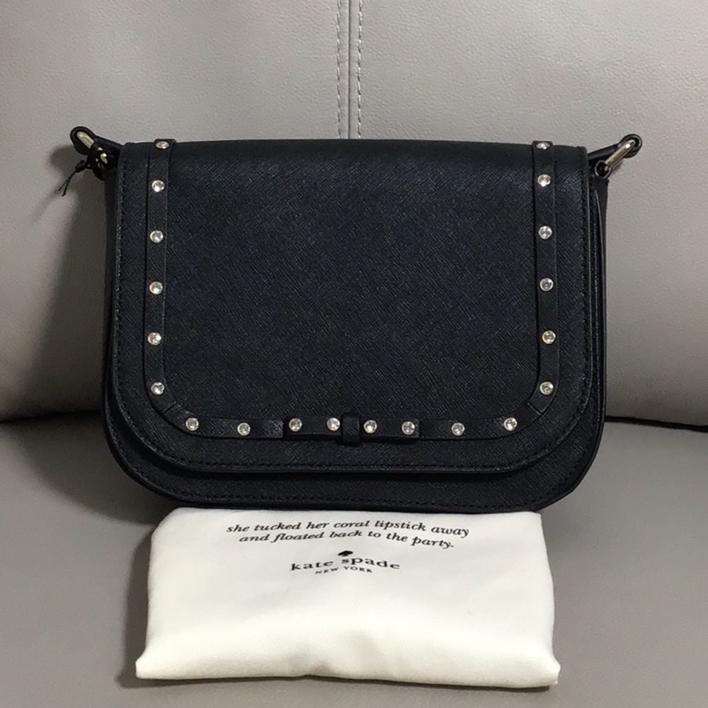 NWT Kate Spade Large Carsten Laurel Way Jeweled Black Saffano Leather Crossbody